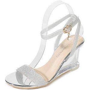 Stijlvolle kristallen sleehak hoge hak sandalen modieuze dames open kant gesp riem sandalen, zilver, 37 EU