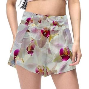 HemaKayy Dames hardloopshorts workout shorts met zakken hoge taille gym shorts Phalaenopsis witte print - L, Meerkleurig, L