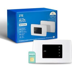 ZTE MF920, CAT4/4G LTE mobiele wifi, ontgrendelde goedkope draagbare hotspot, sluit tot 10 apparaten aan, 2000 mAh-batterij, met GRATIS SMARTY SIM-kaart - wit