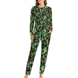 Groene cactus zachte damespyjama met lange mouwen, warme pasvorm, loungewear sets met zakken, XS