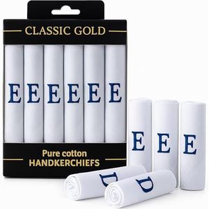 Set van 7 witte zakdoeken met satijnen rand voor heren/heren met blauwe geborduurde initialen, E