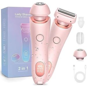 Waterdicht 2-in-1 elektrisch scheermes voor vrouwen: pijnloos ontharingsscheerapparaat met dubbele hoofden, nat en droog gebruik voor gezicht, lippen, armen, benen, oksels, bikini, oplaadbaar (roze)