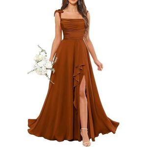 Dames chiffon bruidsmeisjes jurken met split lange galajurken ruches cocktailjurk plus size, Verbrand Oranje, 32