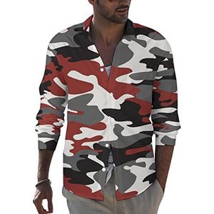 Zwart Rood Camouflage Print Heren Revers Lange Mouw Shirt Button Down Print Blouse Zomer Pocket Tees Tops 4XL