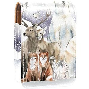 Winter Forest Animal Bear Fox Penguin Draagbare Lipstick Case voor reizen, Mini Lipstick Opbergdoos met spiegel voor vrouwen dames, Lederen cosmetische etui, Meerkleurig, 9.5x2x7 cm/3.7x0.8x2.7 in