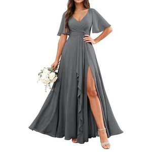 KURFACE Chiffon bruidsmeisjesjurken met mouwen split ruches lange bruidsmeisje formele avondjurk, Grijs, 32