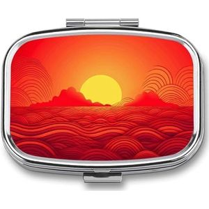 Pillendoos 2 compartimenten pillenorganisator rode zonsopgang reizen pillendoosje met spiegel vierkante metalen pillencontainer wekelijkse geneeskunde planner vitamine organizer voor zak