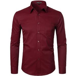 PARKLEES Herenhemd met lange mouwen, slimfit, vrije tijd, business, bruiloft, hemd met borst, Micro Twilled wijnrood, L
