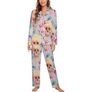 Vintage Skull & Pink Magnolia Pauwenveren Lange Mouw Pyjama Sets Voor Vrouwen Klassieke Nachtkleding Nachtkleding Zachte Pjs Lounge Sets