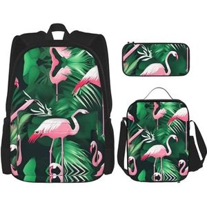 SUHNGE Grappige Cartoon Kangoeroe Zoo Print 3-in-1 Schooltas Set School Rugzak Handtas, Geïsoleerde Lunch Tas, Potlood Case, Flamingo Vogel Groen Blad, Eén maat