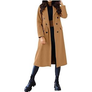 Vagbalena Dames Trenchcoat Lange Mouw Herfst Jas Lange Jas Erwtenjas Winter Damesjas Reverszak Dubbel-Breasted Wollen Jas Klassieke Jas, Kaki, S