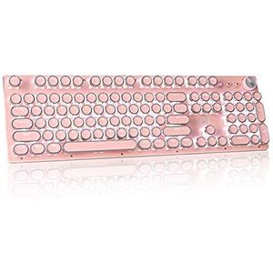 Retro Steampunk schrijfmachinetoetsenbord, blauwe schakelaars, puur witte achtergrondverlichting, USB-bedraad, voor pc laptop, desktopcomputer, voor game en kantoor, stijlvol roze mechanisch