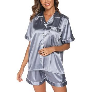 Reliwel, Zomerpyjama voor dames, van satijn, tweedelig, kort, zijde, pyjamaset met knopen, korte mouwen en shorts, Grijs Blauw, S
