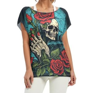 Blue Skull Rose korte vleermuismouwen shirt ronde hals T-shirts losse tops voor meisjes, Patroon, M