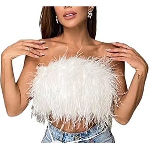 Feather Tops Voor Vrouwen Strapless Faux Fur Crop Top Mouwloos Backless Tube Top Fluffy Slim Fit Bandeau Vest Tank (Color : White, Size : S)