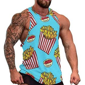 French Fries Tanktop voor heren, grafische mouwloze bodybuilding T-shirts, casual strandshirt, grappige sportschool-spieren
