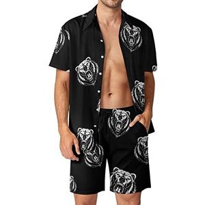 Head A Ferocious Grizzly Bear Hawaiiaanse bijpassende set voor heren, 2-delige outfits, button-down shirts en shorts voor strandvakantie