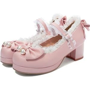 Schattige mode Lolita meisjes snoep kleur comfortabele Mary Janes schoenen bowtie kant ruches platform hoge hak cosplay vrouwen pumps herfst schoenen, roze, 36 EU