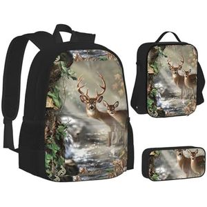 SUHNGE Blauwe Vlam Print Rugzak Lunch Box Set, 3 in 1 School Boekentas en Potlood Case Bundel Bijpassende Combo, Camouflage Herten, Eén maat