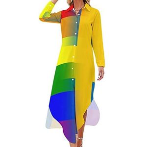 LGBT Pride Sweden Flag Maxi-jurk voor dames, lange mouwen, knoopsluiting, casual party, lange jurk, 5XL