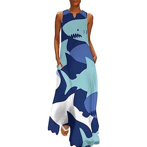 Camouflage patroon met schattige haaien dames enkellengte jurk slim fit mouwloze maxi-jurk casual zonnejurk 5XL