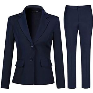 YYNUDA Kostuum, voor dames, zakelijk broekpak, nauw aansluitende blazer met broek, elegant voor kantoor en bruiloft, blauw, M