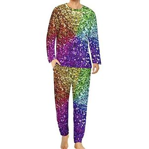 Regenboog Glitter Achtergrond Comfortabele Heren Pyjama Set Ronde Hals Lange Mouw Loungewear met Zakken M