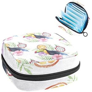 Periode Pouch Draagbare Tampon Opbergtas,Tampon Houder voor Portemonnee Vrouwelijke Product Organizer,Aquarel Toekans Tropisch Fruit Bloemen Draak Fruit, Meerkleurig, 4.7x6.6x6.6 in/12x17x17 cm