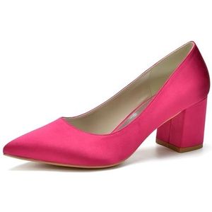 HFWXYSA Dames Chunky Blok Hak Bruids Pompen Puntige Teen Slip op Klassieke Geklede Schoenen voor Bureau Bruiloft Werkavond,Fuchsia,35 EU