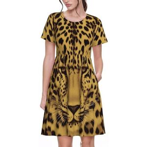 Zomerjurken voor dames, gele luipaardprint, 3D-print, ronde hals, casual T-shirt, jurk met korte mouwen, losse strandjurk met zakken, 3 D, S