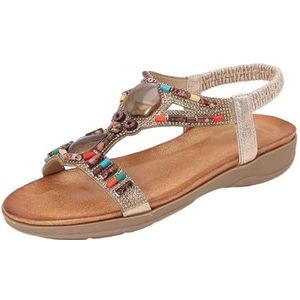Xytraiihw Bohemian zomersandalen voor dames, zachte zool met strass steentjes grote maten strandschoenen antislip sandalen met elastische band slingback glitterpantoffels voor bruiloft,Goud,36 EU