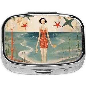 Strand Retro ansichtkaart Print Vierkante Pillendoos met 2 Compartimenten Draagbare Mini Pil Case Metalen Pil Organizer Pil Container voor Pocket Purse Kantoor Reizen