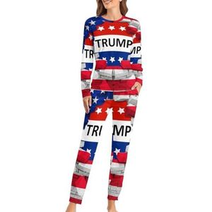 USA vlag en Trump zachte damespyjama met lange mouwen, warme pasvorm, loungewear sets met zakken, 2XL