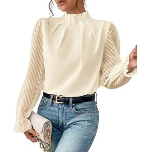Elegante Blouse, Dames Nep-hals Geplooide Blouses Tops Mesh Mouw Flounce Lange Mouw Casual Losse Pasvorm Effen Kleur Kantoor Elegante Blouses (S,Beige)
