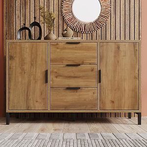 Moimhear Commode met 2 deuren en 3 laden, 120 x 40 x 76 cm in donker eiken, verstelbare plank, dressoir, highboard voor slaapkamer en alle woonruimtes