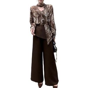 MLSHWUG Dames Franse Lange Mouwen Hals Met Linten Shirt Gespliceerde Wijd Broek 2-Delige Set,Bruin,L