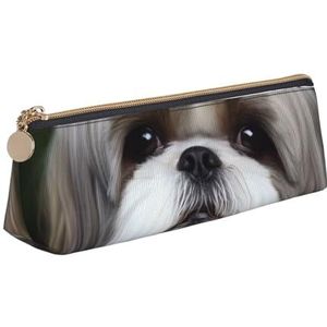 Lederen etui voor vrouwen mannen potlood tas met rits draagbare etui Shih Tzu hond pen tas kleine make-up tas munt zakje voor werk kantoorbenodigdheden