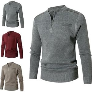 XTEES Casual trui met ronde hals, effen kleur herfst en winter binnenkleding, heren kwart rits gebreide trui trui, Grijs, XXL