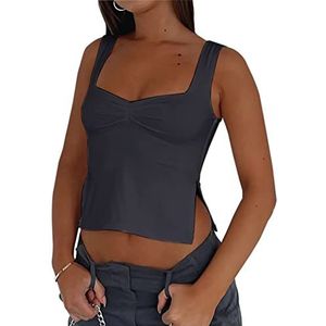Women’s Sleeveless Strappy Tank Sexy Pleated Bustier Sweetheart Neck Strappy Y2K Slits Cropped Vest Cami (L,Dark Grey)