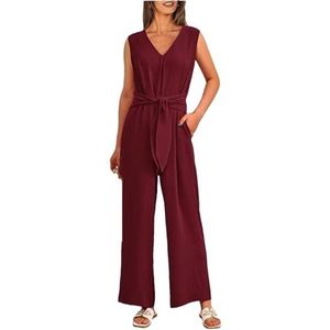 Tdvcpmkk Jumpsuit voor dames, V-hals, wijde pijpen, voor lente en zomer, mouwloos, slimfit, met veters, wijde pijpen, Bordeaux, M