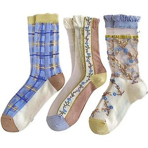 3 Paar Bloem Sheer Sokken, Zomer Kant Dunne Ademende Enkelsok Laars Sokken Vintage Bootie Sokken Voor Vrouwen(Plaid)