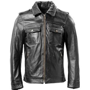 Echt leer zwart en blauw kleur variatie motorfiets slim fit jas stijl jas - winter outfits voor mannen, Zwart, S