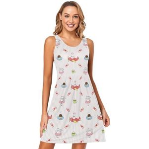 LI ZHI XIN Vrouwen Zomerjurken Ronde Hals Casual A-lijn Mouwloos Vest Jurken met Zakken Konijn Vliegtuig Kat Cartoon Patroon, Meerkleurig, S