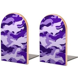 Paarse Camouflage Houten Boek Eindigt Moderne Boekensteunen voor Planken Heavy Duty Boek Stopper Decoratieve Houder CD's Organizer 5 X 3 X 4 inch