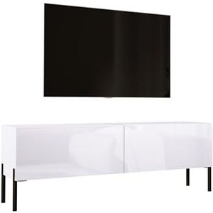 3E 3xE living.com TV-kast in mat wit / wit hoogglans met poten in zwart, A: B: 140 cm, H: 52 cm, D: 32 cm. TV-meubel, tv-tafel, tv-bank