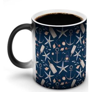 Aquarel Nautische Anker Schelpen Warmte Veranderende Koffie Mok Keramische Warmtegevoelige Magic Grappige Gift voor Vrouwen Mannen 12oz