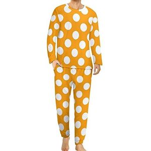 Oranje Polka Dot Comfortabele Heren Pyjama Set Ronde Hals Lange Mouw Loungewear met Zakken 3XL