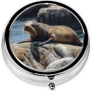 Pillendoos 3 compartimenten ronde pillenorganizer bruine afdichting op de rots pillendoosje voor portemonnee, draagbare pillendoos metalen kleine pillencontainer voor dagelijks medicijnsupplement,