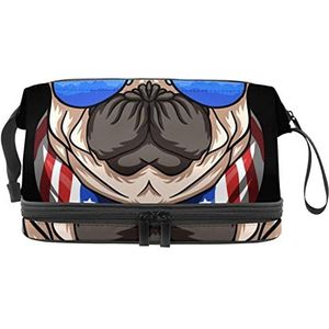 Multifunctionele opslag reizen cosmetische tas met handvat,Grote capaciteit reizen cosmetische tas,Mopshond met bril, Meerkleurig, 27x15x14 cm/10.6x5.9x5.5 in