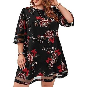 voor vrouwen jurk Plus bloemenprint contrast mesh tuniekjurk (Color : Noir, Size : 4XL)